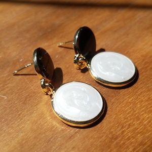 Classy Black & White, Metal & Enamel Drop Earrings